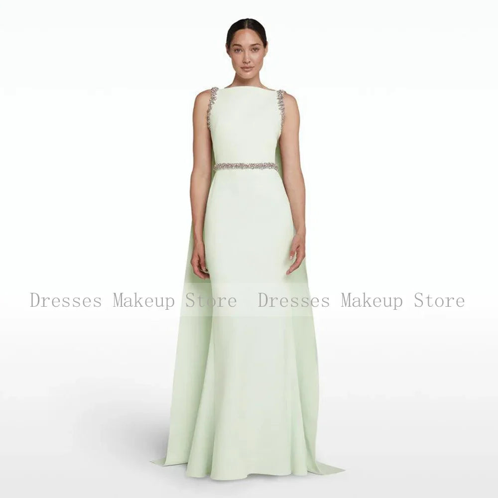 Customized New Ivory Prom Dresses Sleeveless Boat Neck Sweep Train Formal Party Gowns Crystal Mermaid Evening Gowns for Women