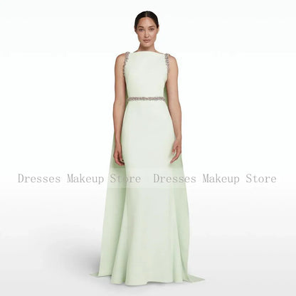 Customized New Ivory Prom Dresses Sleeveless Boat Neck Sweep Train Formal Party Gowns Crystal Mermaid Evening Gowns for Women