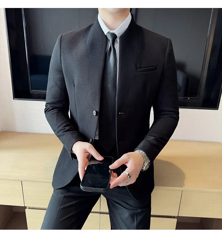 Waffle New Chinese Stand-Up Collar Suit Coats Men Slim Fit Business Casual Fashion Suits Jacket Formal Social Prom Party Tuxedos