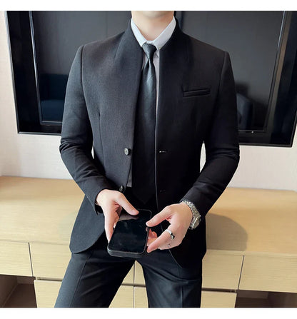 Waffle New Chinese Stand-Up Collar Suit Coats Men Slim Fit Business Casual Fashion Suits Jacket Formal Social Prom Party Tuxedos