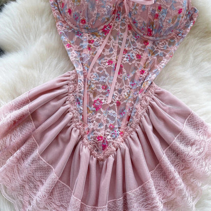 Woman Fashion Sexy Strap Dress New Sleeveless Slim Floral Print Mini Dress Comfortable Breathable Mesh Lace Mini Dress