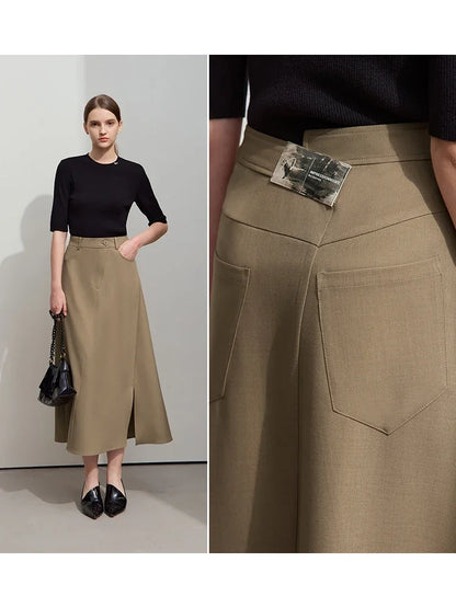 Minimalist Autumn New Commuter Asymmetrical Oblique Placket Split Skirt Non Ironing Anti Wrinkle A Shape Skirt 12551003
