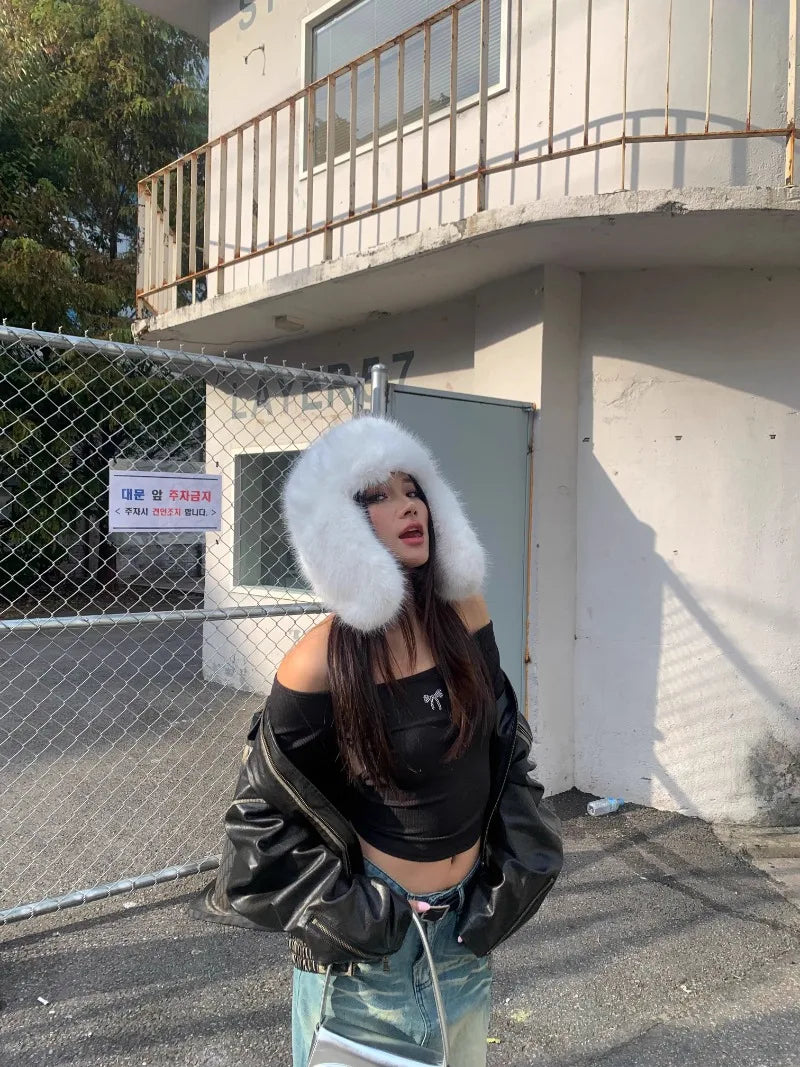 Korean Ins Imitation Mink Plush Hat Winter Women Ear Protection Bomber Hats Fashion Warm Fluffy Faux Fur Ski Beanies Y2k Gift
