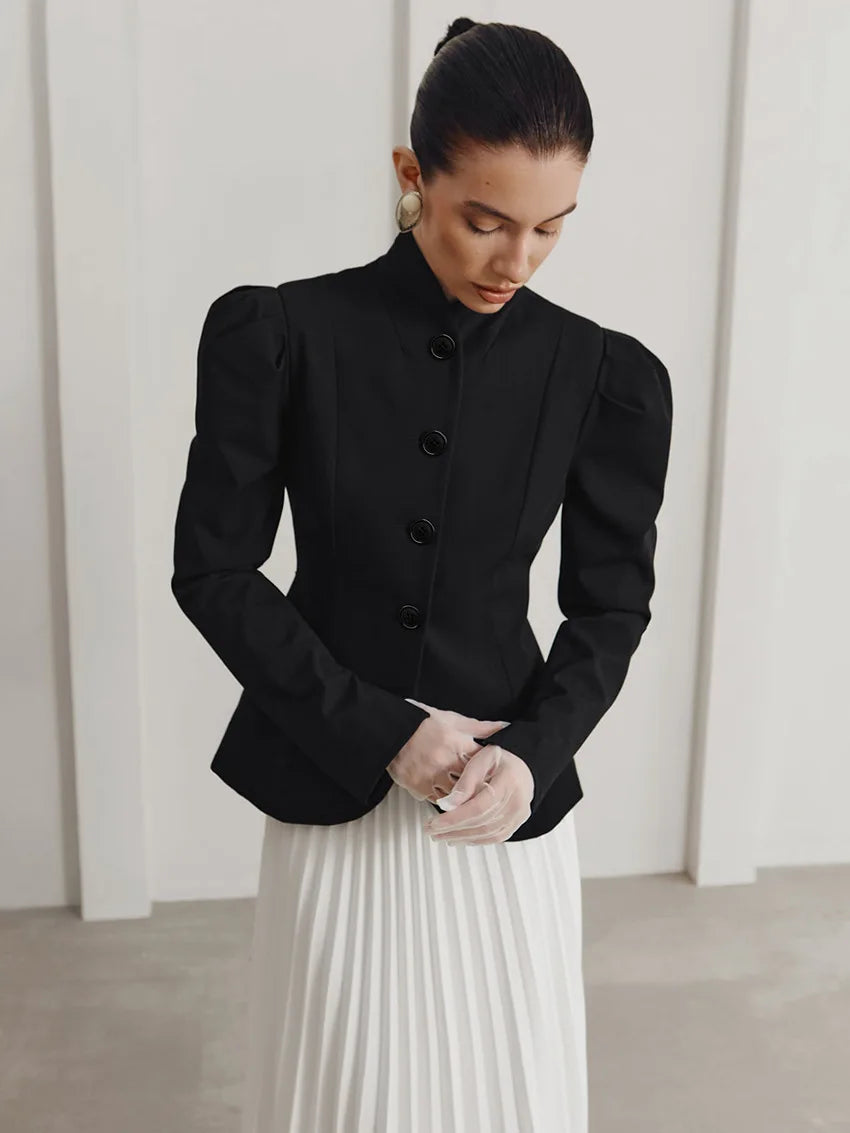 French Style Elegant Retro Stand Collar Black Suit Autumn Winter New Temperament Commute Puff Sleeve Slim Female Coat Tops Trend