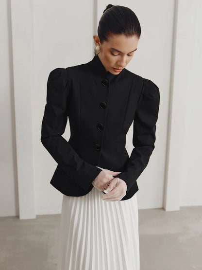 French Style Elegant Retro Stand Collar Black Suit Autumn Winter New Temperament Commute Puff Sleeve Slim Female Coat Tops Trend