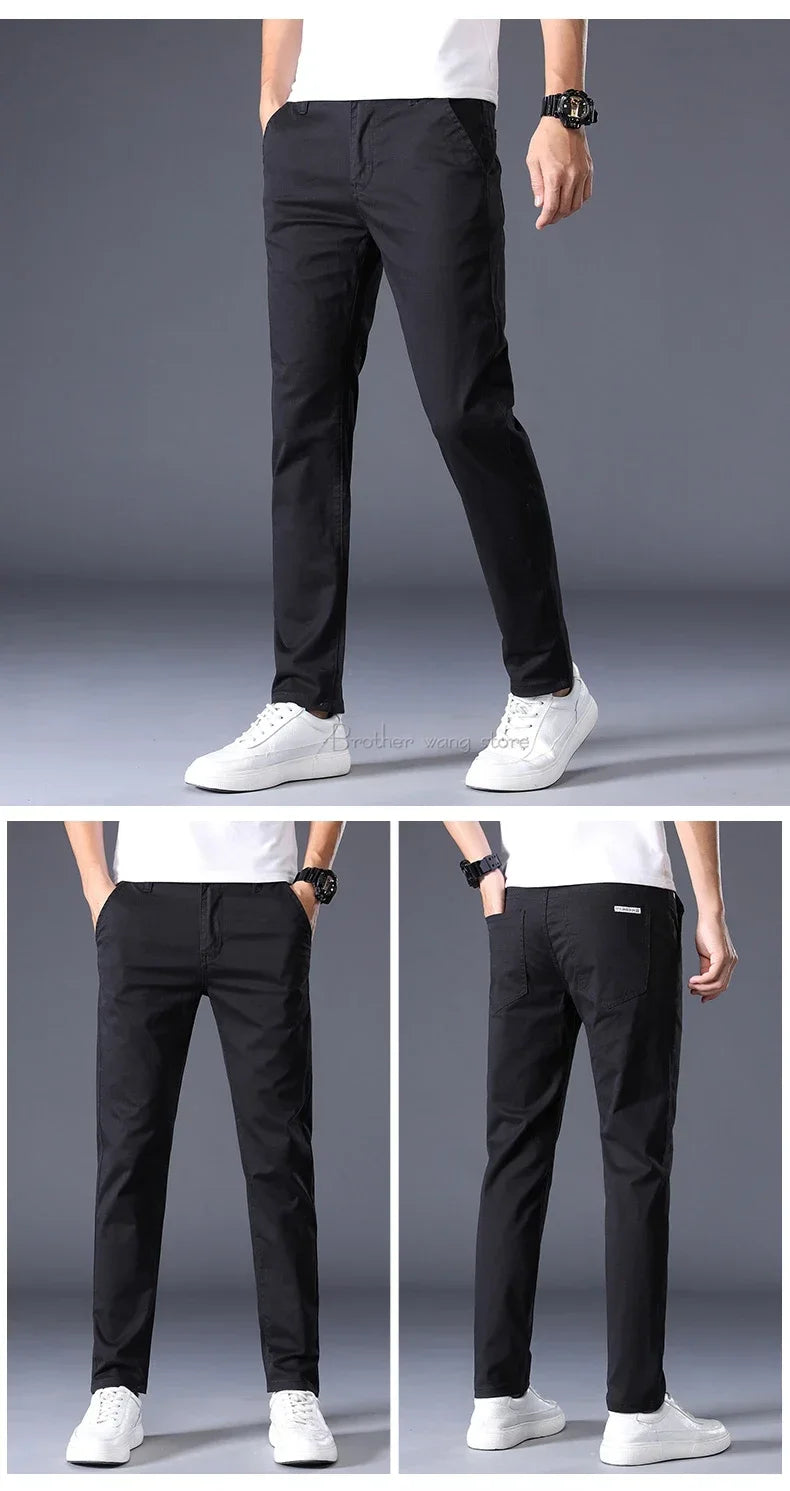 Summer Thin Men's Casual Pants Cotton 7 Colors Classic Style Elastic Straight Slim Fit Business Fashion Long Trousers Male