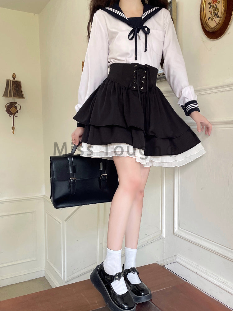 Japanese Bow Lolita Style Kawaii Skirts Women Black Ruffles Cute Mini Skirt Female Korean Fashion High Waist Princess Skirt 2023