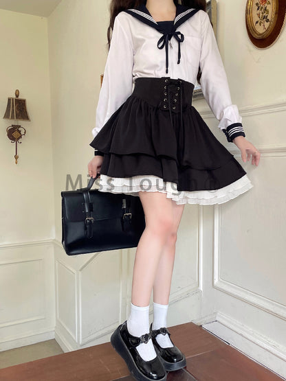 Japanese Bow Lolita Style Kawaii Skirts Women Black Ruffles Cute Mini Skirt Female Korean Fashion High Waist Princess Skirt 2023