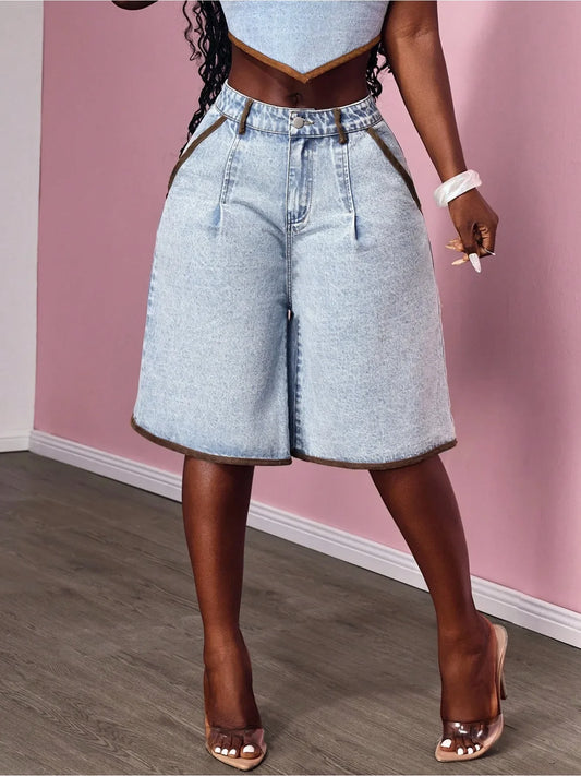 Ladies Decorative Contrast Color Bell Bottom Jeans Shorts Women's Denim Cutoffs Seven-Five Pants Feminine Casual Shorts