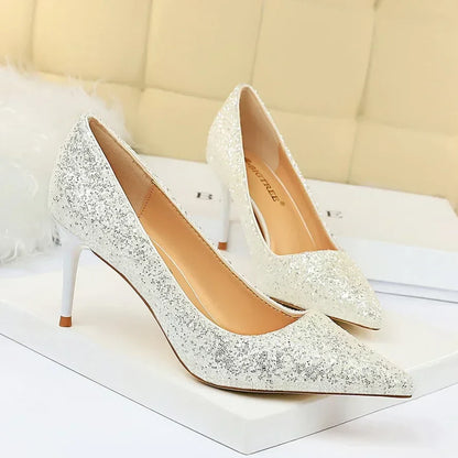 Women Luxury Bling Red  Blue Valentine Party Scarpins Pumps Lady Glitter Sequins 7cm 9.5cm High Heels Designer Shoes Plus Size
