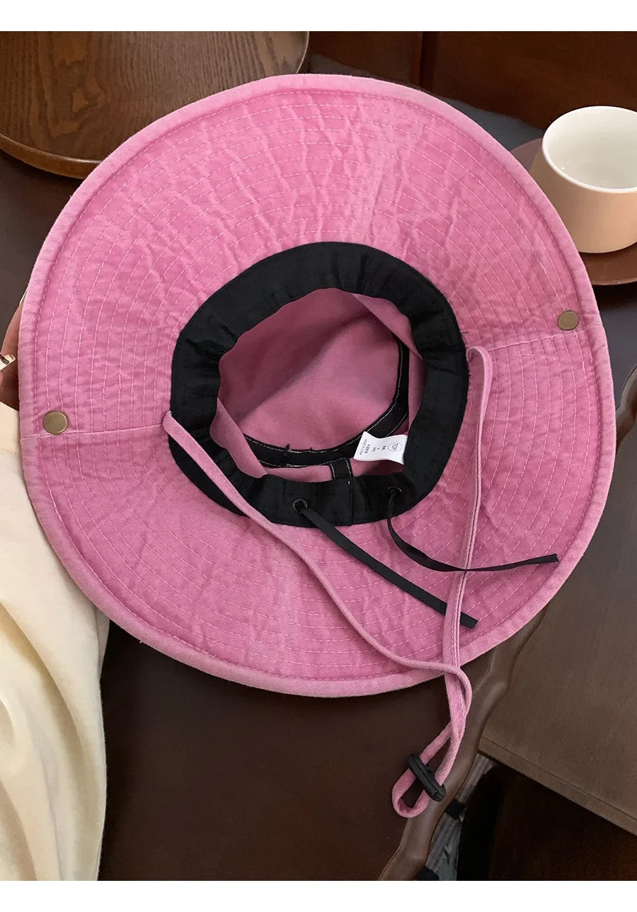 Retro Washed Bucket Hats for Women Cowboy Hats Outdoor Camping Sun Protection Sweet Pink Love Bucket Caps
