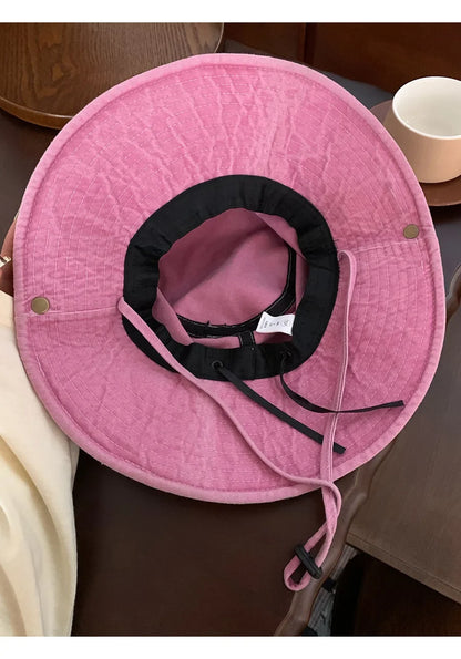 Retro Washed Bucket Hats for Women Cowboy Hats Outdoor Camping Sun Protection Sweet Pink Love Bucket Caps