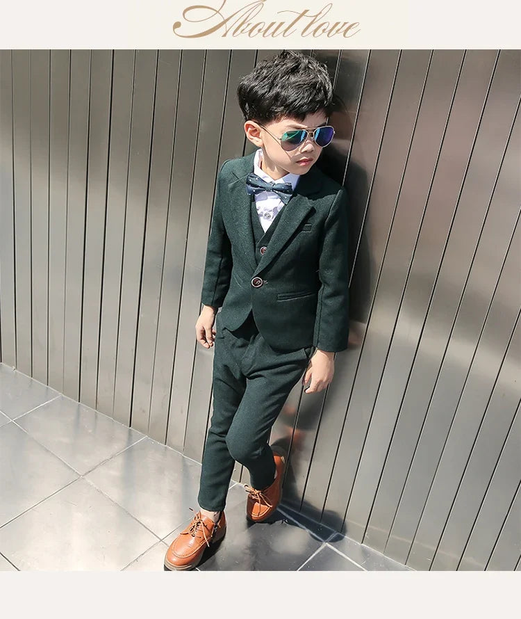 Boys Dark Green Formal Wedding Party Suit Children Blazer Vest Pants Tie 4 PCS Tuxedo Kids Performance Photography Dress Costume