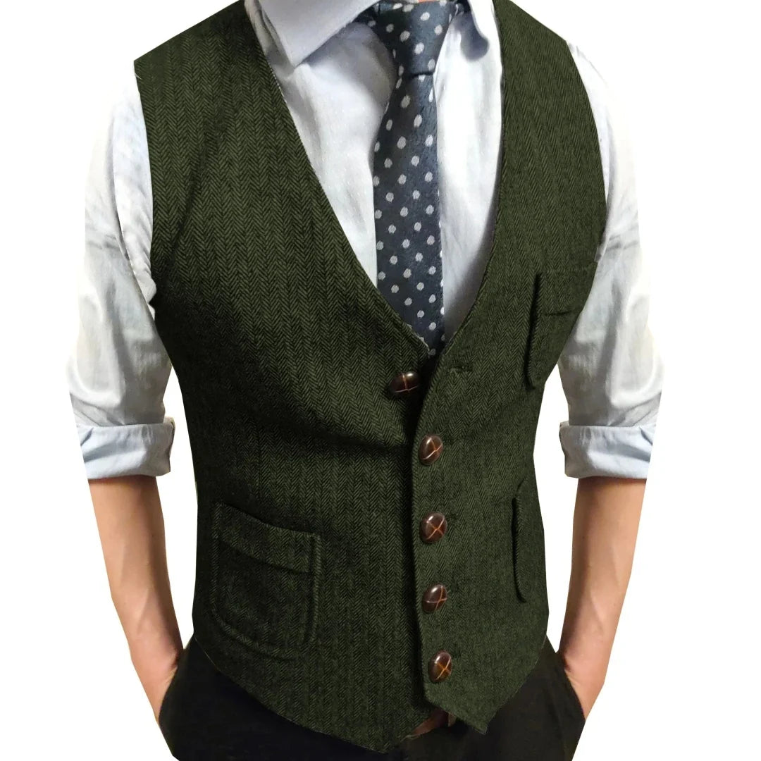 Men Vest Brown Herringbone Single Button V Neck Waistcoat For Wedding Party Business Work Office Daily Casual Men Suit Vest
