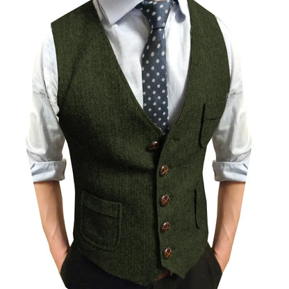 Men Vest Brown Herringbone Single Button V Neck Waistcoat For Wedding Party Business Work Office Daily Casual Men Suit Vest