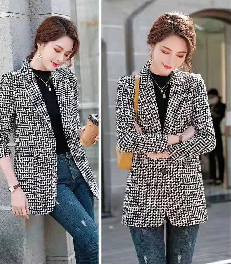 Women's Houndstooth Pattern Blazer Long Sleeve 2025 New Spring Autumn Korean Style Elegant Casual Elegance Daily Wear