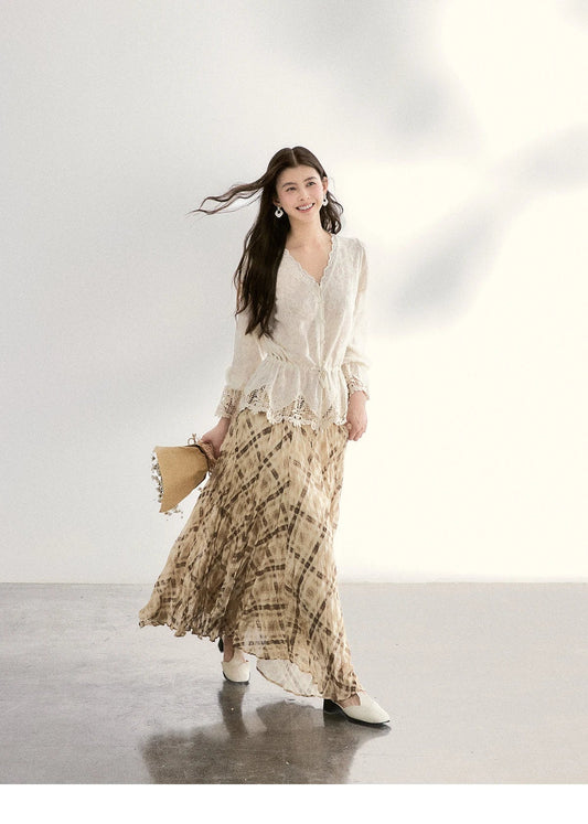 Women's Lace V Neck Long Sleeve Shirts 2026 Spring Drawstring Waist Ruffled Hem Casual Loose Apricot Blouse MXF108X0998