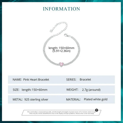 Love Heart Bracelets for Women Girls 925 Sterling Silver with CZ, White Gold Plated Charm Link Chain Bracelet Jewelry