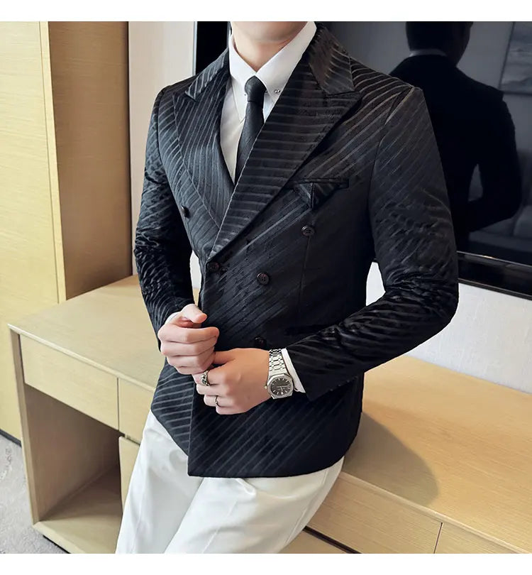 Autumn Winter New Velvet Suit Jacket Men Double-Breasted Striped Slim Fit Casual Coats High Quality Formal Business Tailcoat