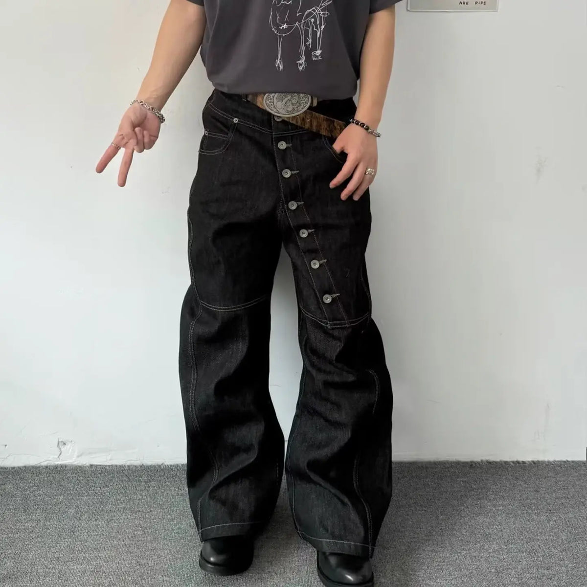 American Retro Long Row Button Design Men's Jeans High Street Loose Wide Leg Floor-Length Trousers Trendy Casual Jeans
