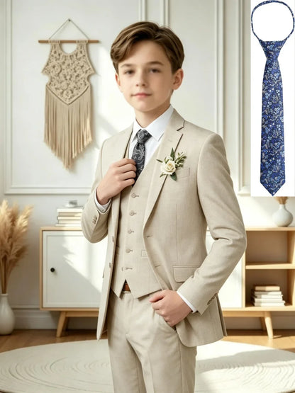 Beige Boys Slim Fit Suit Set 4 Pieces For Graduation Ceremony Classy Smart Notched Lapel Tuxedo Birthday Party Wear 3-14T