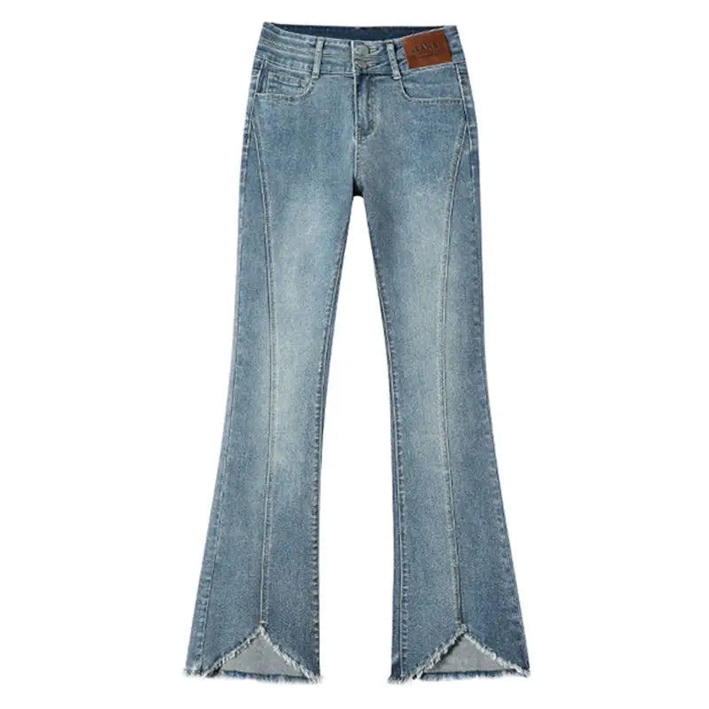 Women Autumn Y2K Slim Flared Denim Trouser Raw Edge Vintage Sexy Minimalist Pant Grunge High Waist Solid High Street Retro Jeans