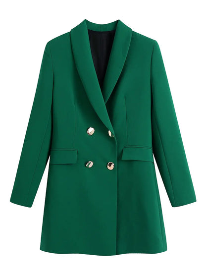 2023 Fashion Vintage Stylish Green Oversized Long Women Blazer Office Lady Pocket Fashion Autumn Jacket Female Bussiness