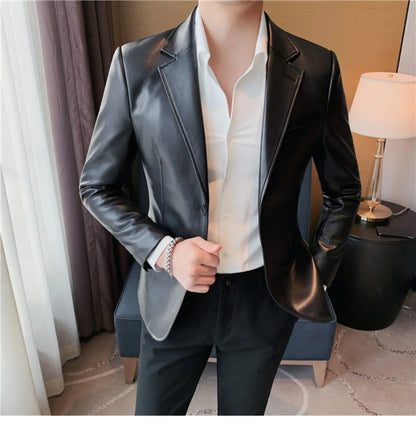 Men's Leather Jacket 2024 Autumn Highend Fashion Solid Slim Fit Business Blazers Coats Korean Casual PU Leather Suit Tuxedo