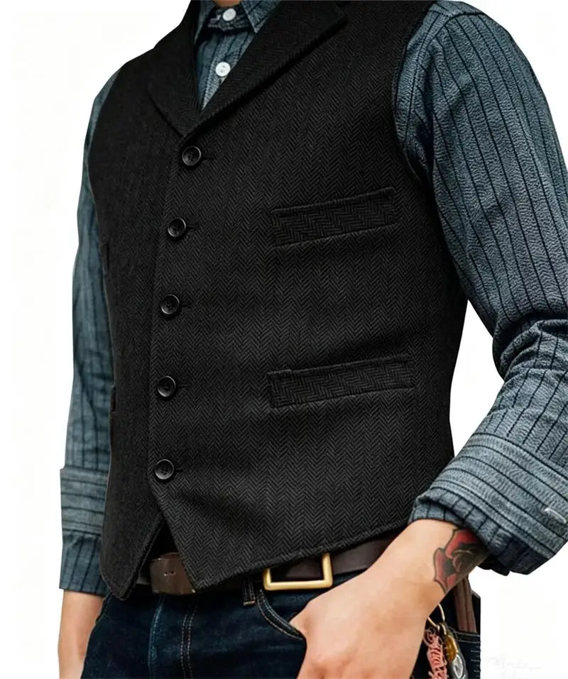 Men's Wool Tweed Suit Vest Lapel V Neck Sleeveless Herringbone Retro Casual Slim Fit Wedding Business Waistcoat for Tuxedos