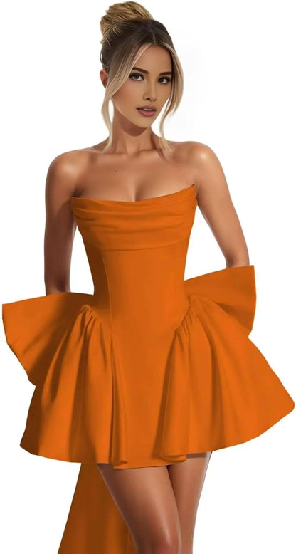 2025 Satin Strapless Back To School Dress with A Large Bow At The Back, Mini Skirt for Teenagers Cocktail Dress Short DanceDress