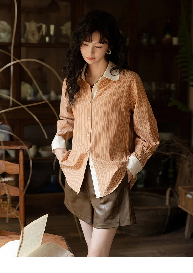 Loose Striped Shirt for Women Autumn 2025 Contrasting Lapel Top Single Breasted Patchwork Shirts Office Lady MXD41C0286