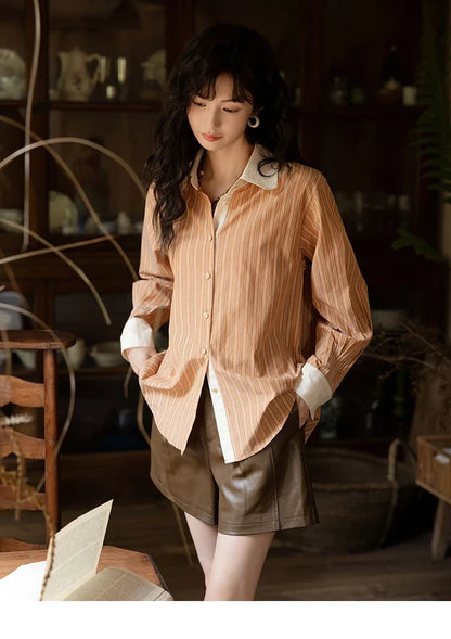 Loose Striped Shirt for Women Autumn 2025 Contrasting Lapel Top Single Breasted Patchwork Shirts Office Lady MXD41C0286