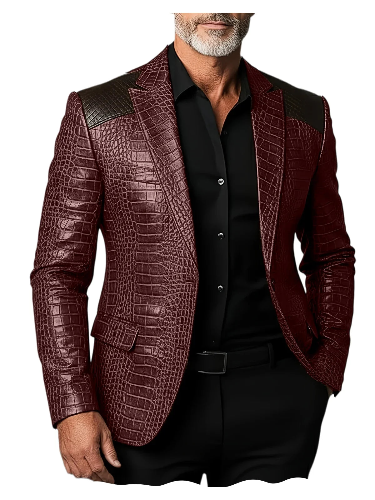 Men's Crocodile Pattern Leather Blazer Patchwork PU Leather Suit Jacket Notched Lapel Slim Fit Business Casual Coat Outerwear