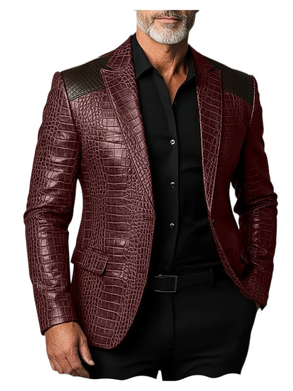 Men's Crocodile Pattern Leather Blazer Patchwork PU Leather Suit Jacket Notched Lapel Slim Fit Business Casual Coat Outerwear