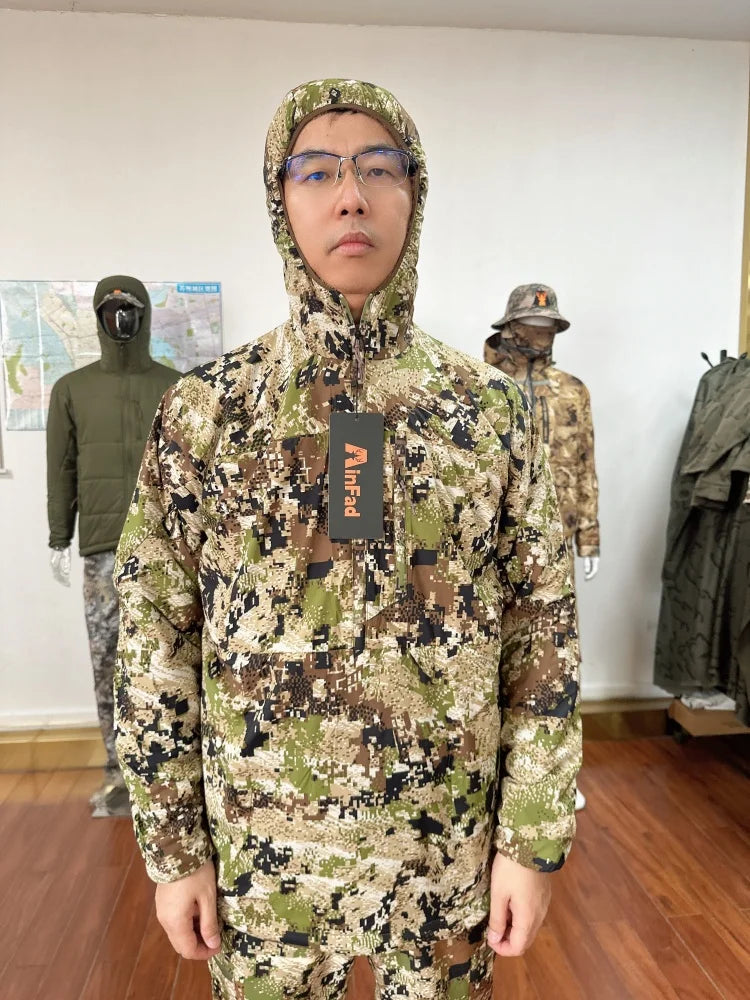 Men's Stretch Camouflage Jacket, Hunting Pullover, Light Nylon Fabric Printed Plush Lining Hoodie