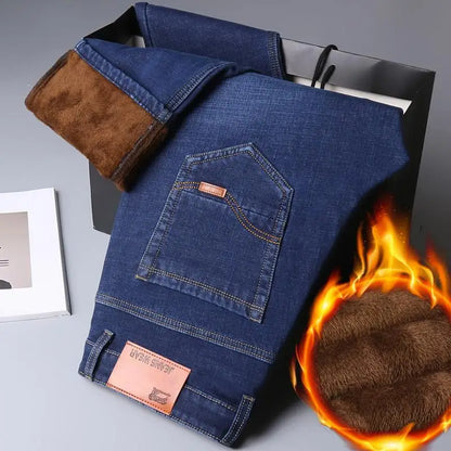 2025 New Business Casual Trousers Grey Fleece Men Clothes Black Blue Elasticity Warm Winter Jeans Velvet Jeans 28-40