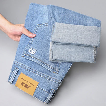 Fashion Light Blue Slim Straight Jeans Men's Spring Autumn Elastic Comfortable Denim Pants Korean Casual Business Trousers