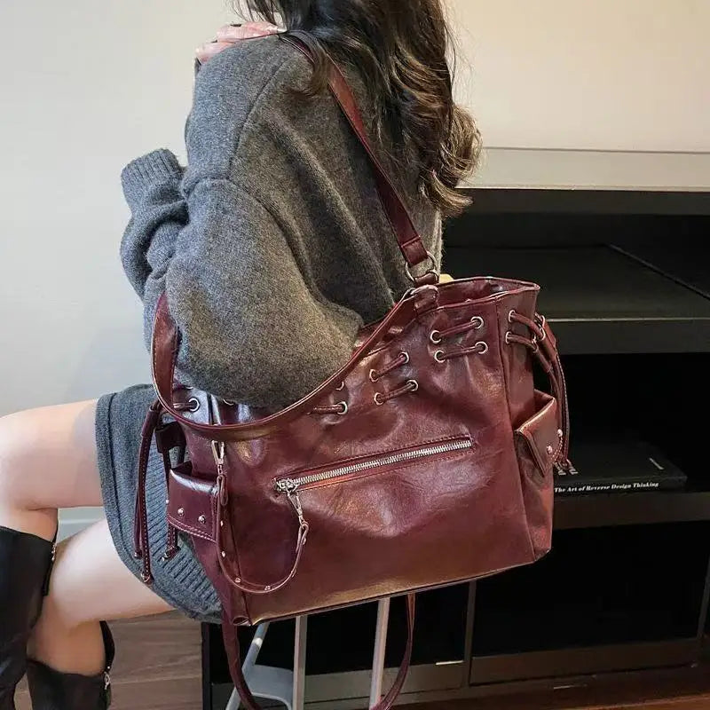 Japanese Harajuku Style PU Leather Y2k Cool Large Capacity Handbag Shoulder Bag Women's Bag Purses Women Hand Bags