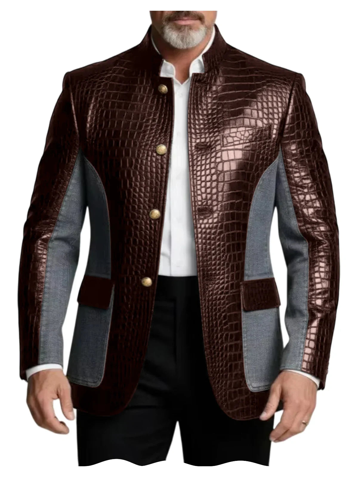 Men's Crocodile Embossed Leather Brown Jacket Patchwork Denim Stand Collar Slim Fit Luxury PU Blazer For Business Casual Party