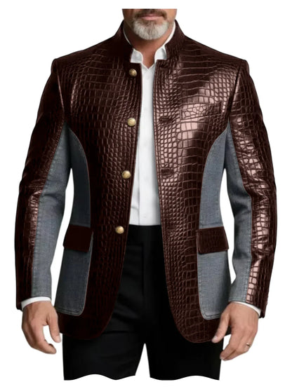 Men's Crocodile Embossed Leather Brown Jacket Patchwork Denim Stand Collar Slim Fit Luxury PU Blazer For Business Casual Party