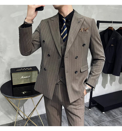 2025 High-quality Korean Version Slim-fit Business (Suit + Vest + Trousers) Striped Double-breasted Suit Three-piece Set