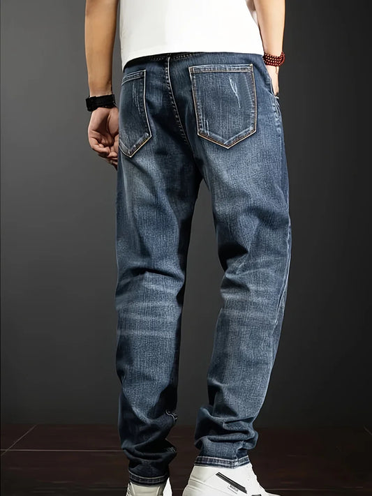 Men's New Straight Leg Stretchable Jeans Casual Pants with Personality Design Comfortable Fit Modern Style