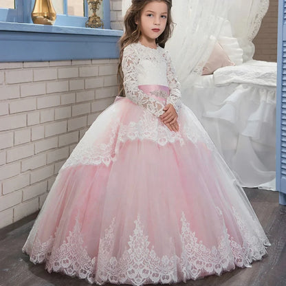 Sweet Lace Flower Girls Dresses Long Sleeves O Neck Formal Dress For Little Girls Wedding Guest Gown Birthday Party Dresses