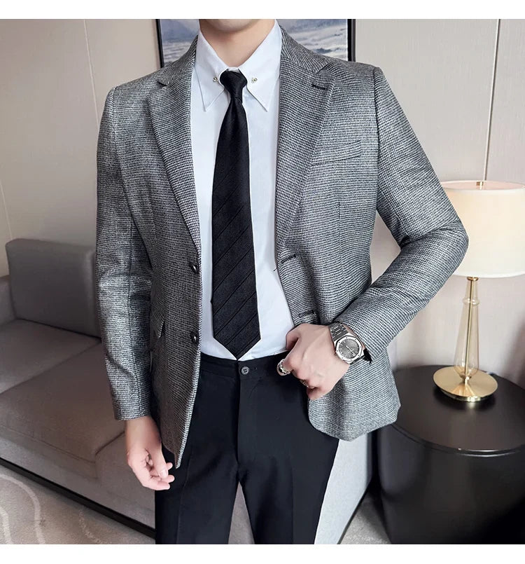 Bright Silk Thousand Bird Grid Suit Jacket Korean-style Business Fashion Slim Fit Single Breasted Men Social Party Dress Coats