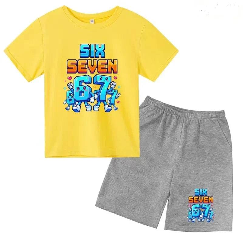 Boys Girls 3-12Y Summer Fashion Outfit 67 Number Cartoon Print T-shirt and Shorts Casual Two-Piece Clothing Set