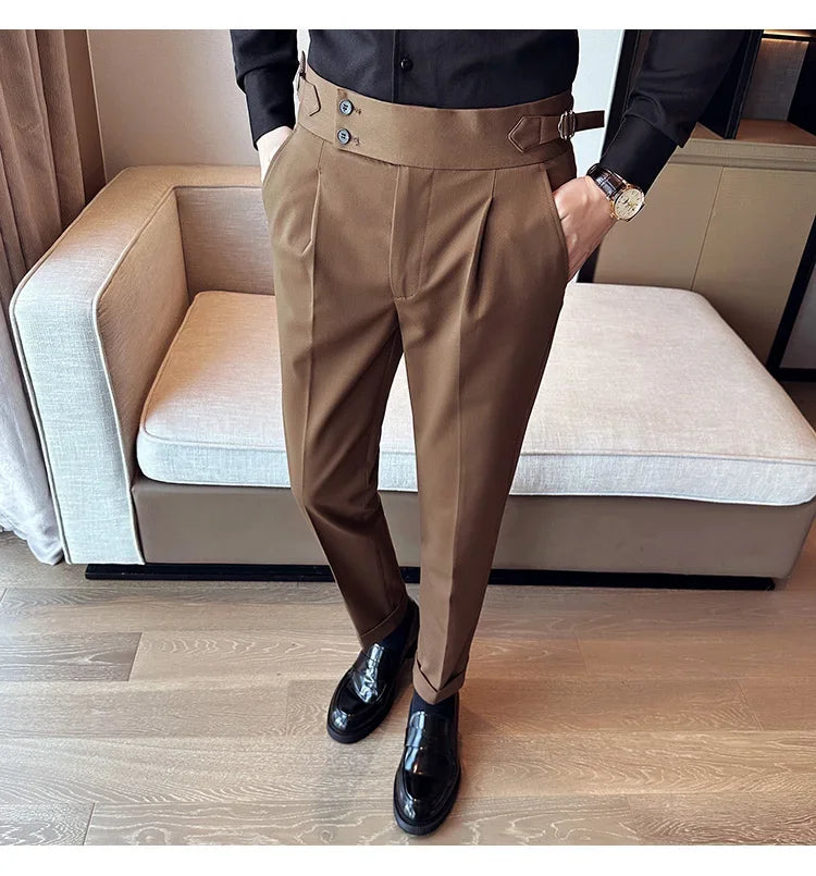 Autumn Winter High Waist Business Dress Pants Men Casual Belt Design Slim Suit Pants Formal Wedding Social Party Male Trousers