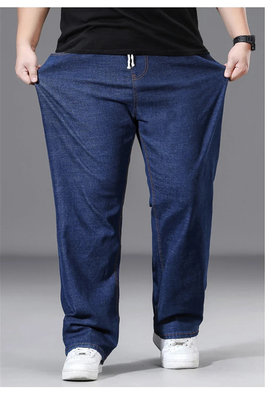 8XL Plus Size Jeans Men Solid Color Denim Pants Male Fashion Casual Baggy Jeans Elastic Waist Straight Pants