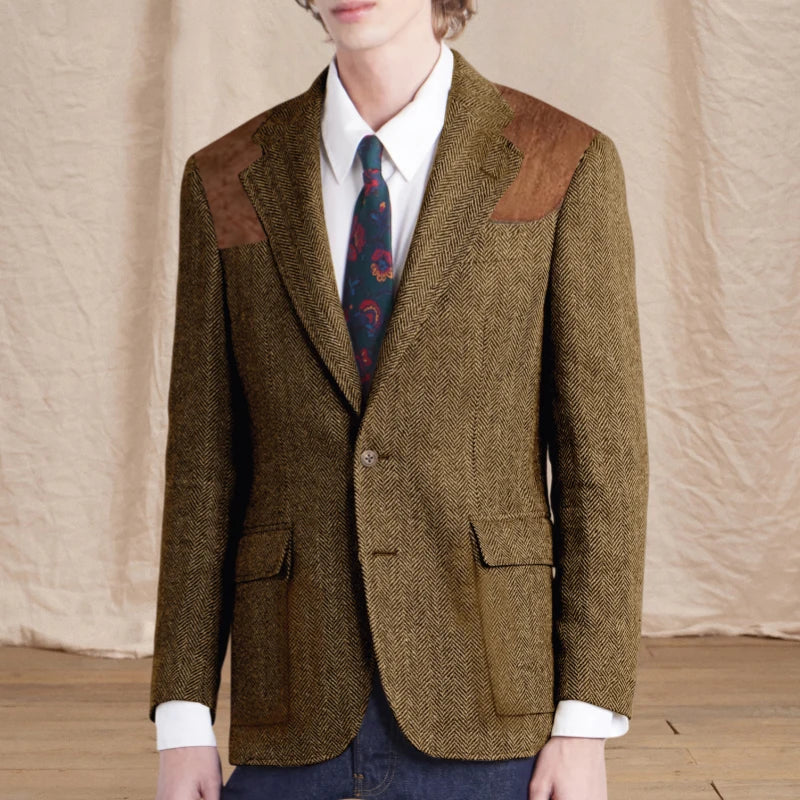Vintage Men's Herringbone Tweed Blazer Suede Shoulder Patch Notch Lapel Slim Fit Jacket Casual Business Suit Sport Coat for Men