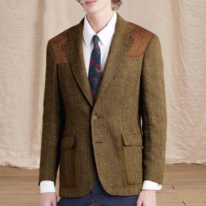 Vintage Men's Herringbone Tweed Blazer Suede Shoulder Patch Notch Lapel Slim Fit Jacket Casual Business Suit Sport Coat for Men