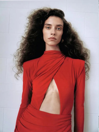 Eelgant Fashion Dresses For Women Solid Zipper Sheath Pleated Hollow Out Regular Long Sleeves Turtleneck Shoulder Pad